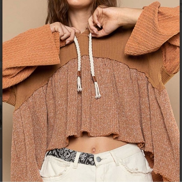 POL Waffle Knit Hoodie with Bell Sleeve Crop Top - Picture 7 of 7